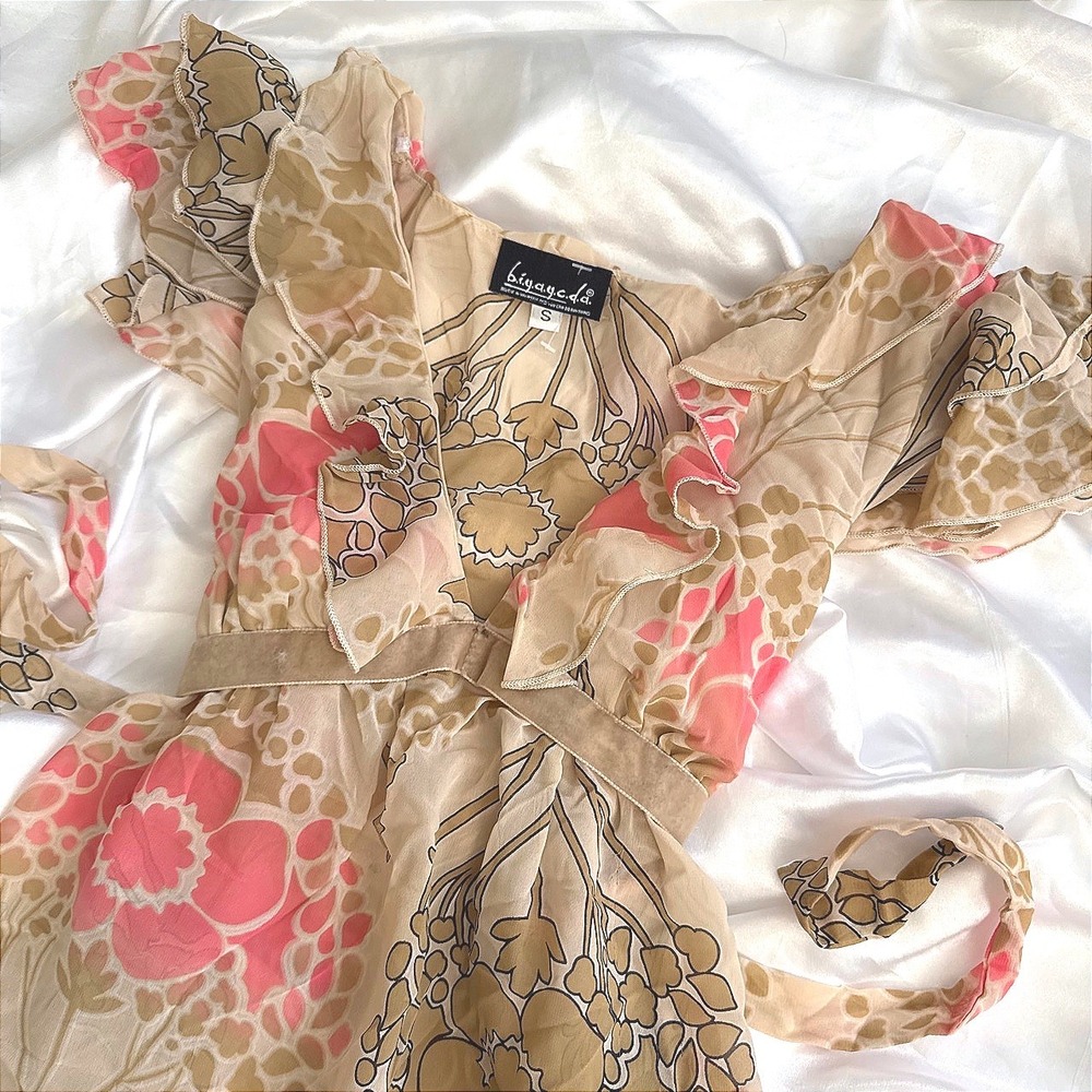 Biyagoda Floral Silk Chiffon Ruffle Mini Dress Pink Tan Empire Waist Small